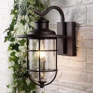 Marais 10.5" 1-Light Iron/Seeded Glass Rustic Industrial Cage LED Outdoor Lantern, Oil Rubbed Bronze by JONATHAN Y