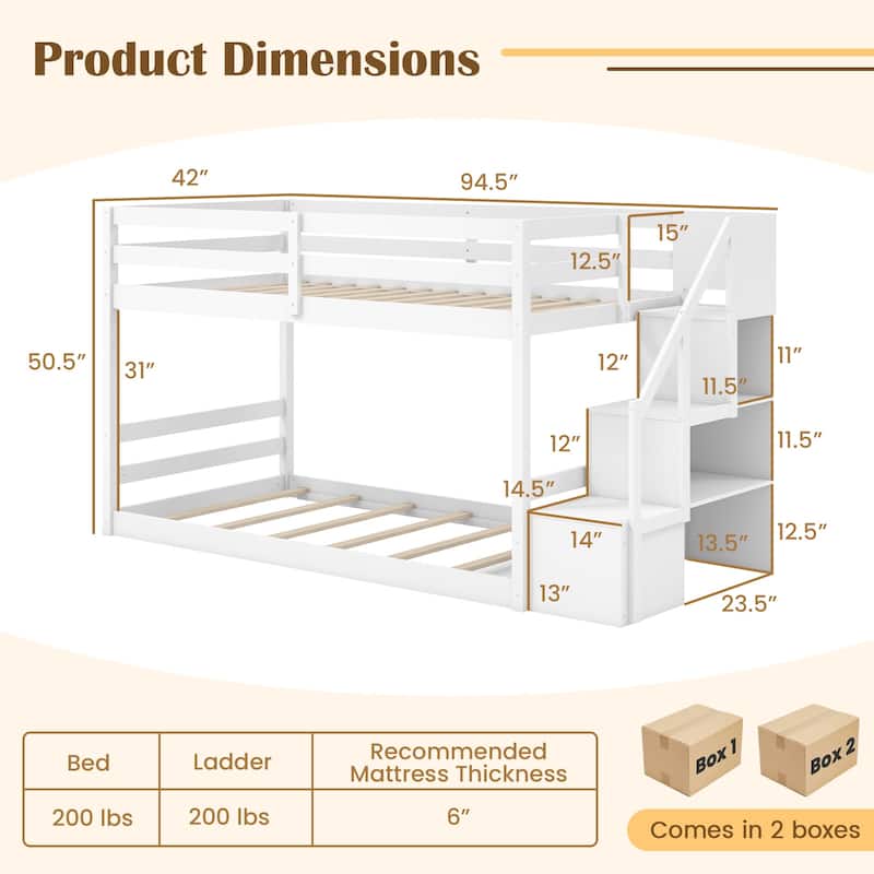Twin Over Twin Low Bunk Bed with Storage Stairs, Floor Bunk Bed Frame