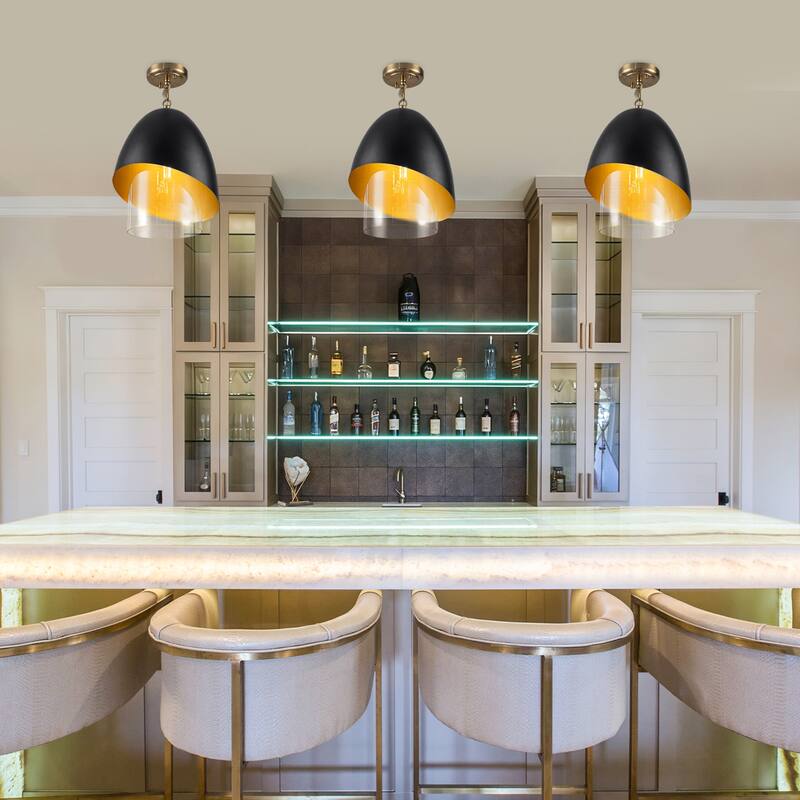 Brushed Gold & Black Egg-Shaped Pendant Light with Clear Glass Shade - Dia.11.81-in