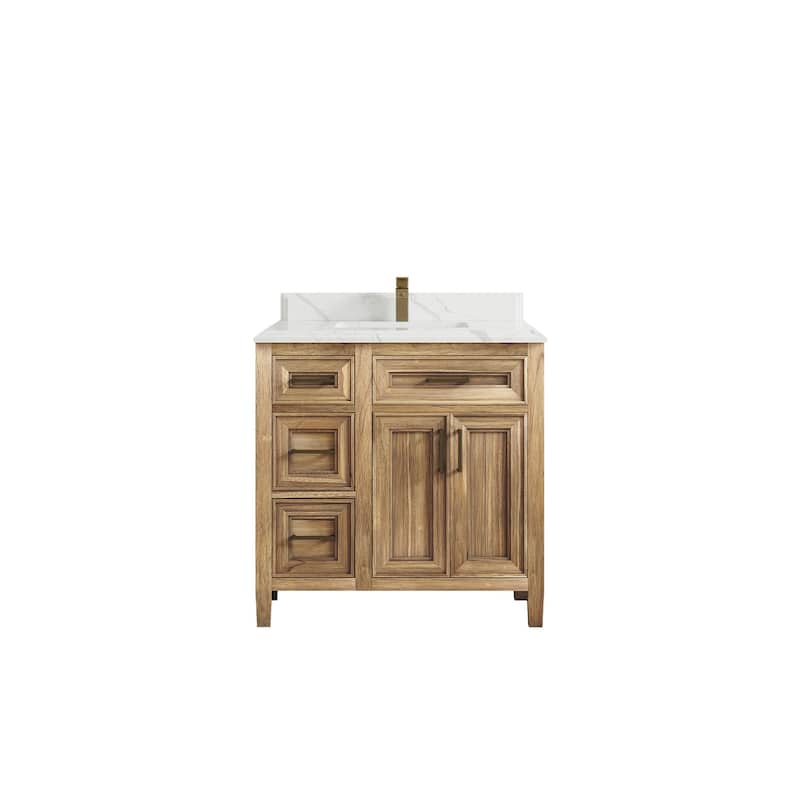 Willow Collections 36 in. W x 22 in. D Santa Monica Teak Bathroom Vanity Center with Countertop - 1.5" Calacatta Laza - Whitewashed Teak