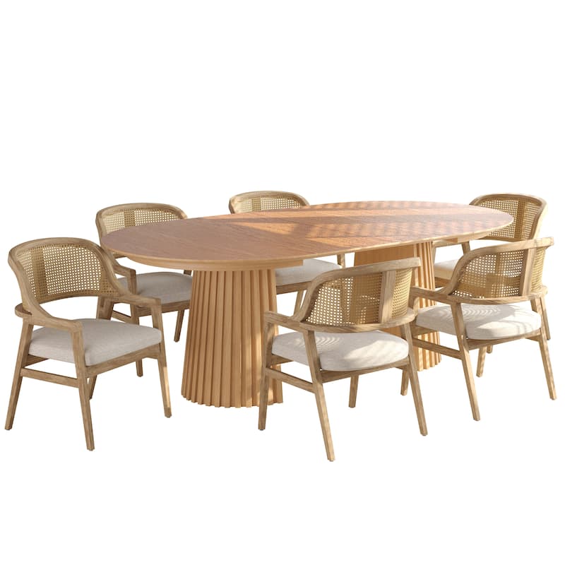 Christopher Knight Home - Mid-Century Extendable Dining Table Set with Upholstered Cane Back Dining Chairs
