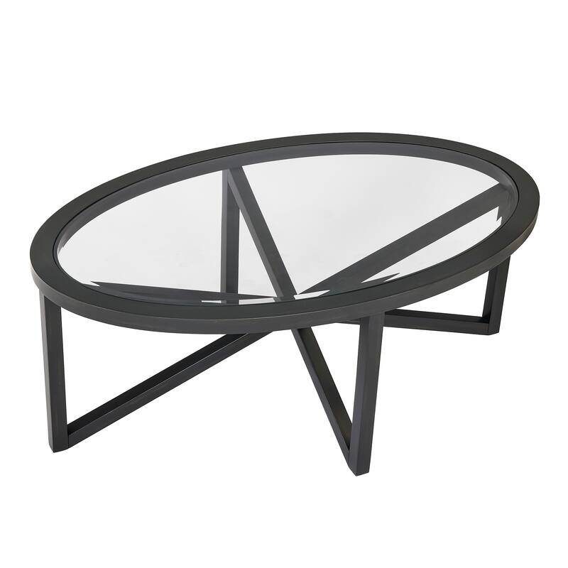 Roomfitters Modern Round Tempered Glass Coffee Table with Solid Wood Base, Clear Top Accent Table for Living Room
