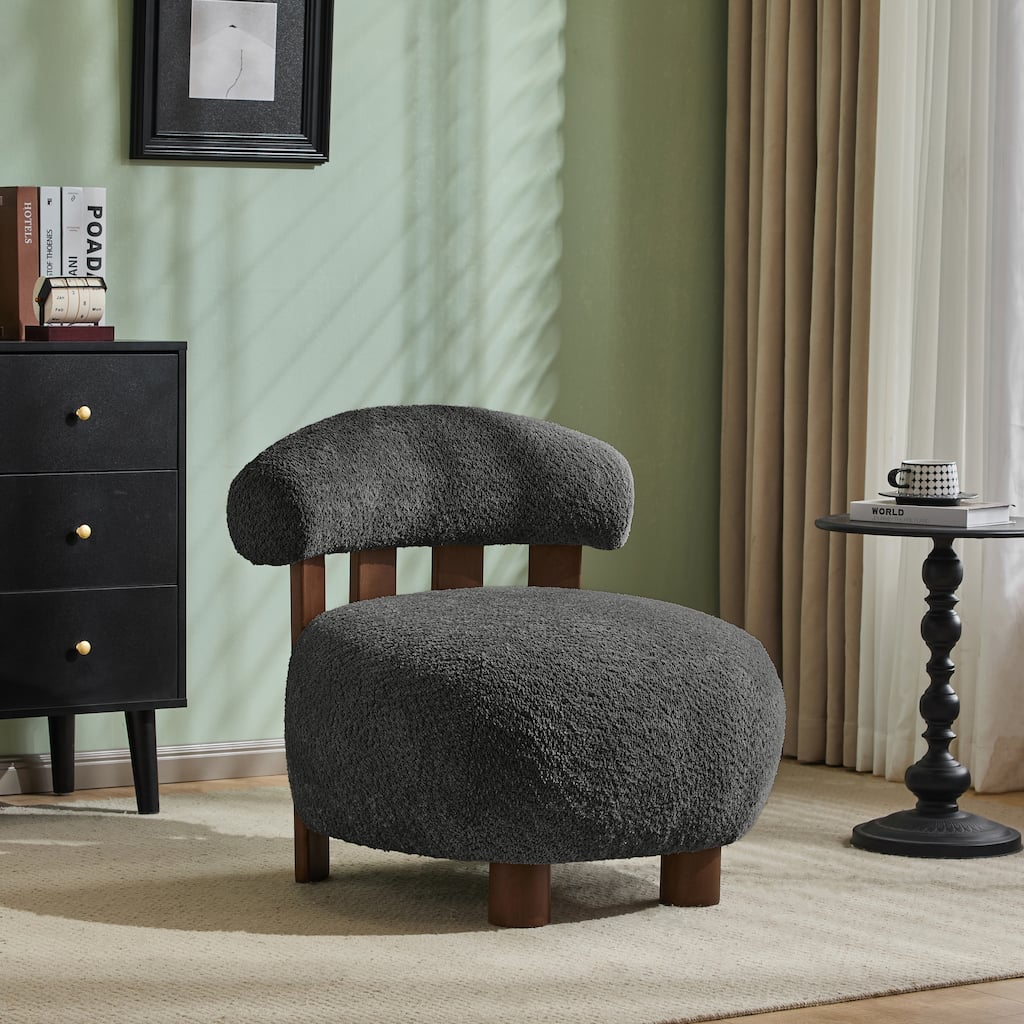 Roomfitters Modern Boucle Fabric Accent Chair with Round Seat and Wood Base