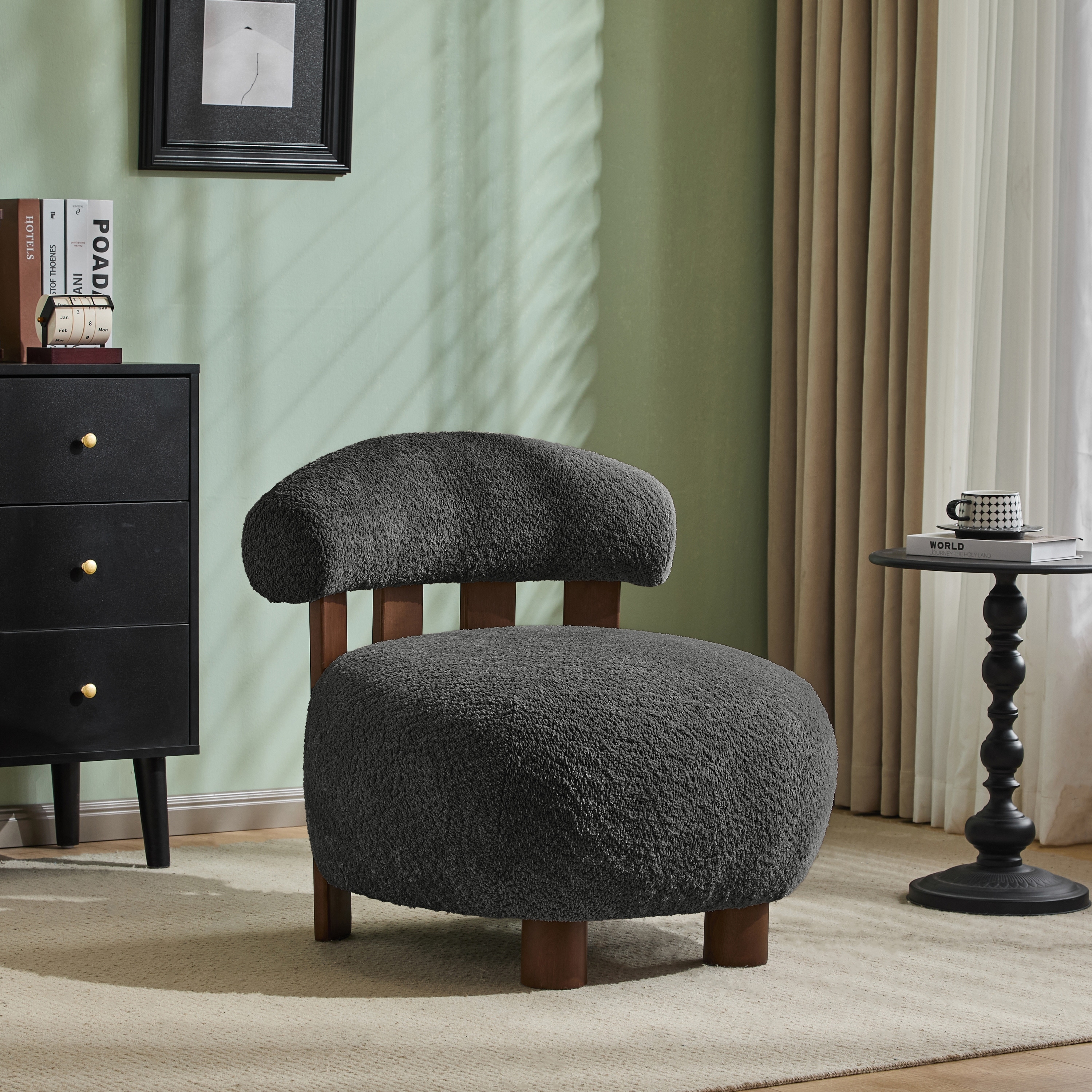 Roomfitters Modern Boucle Fabric Accent Chair with Round Seat and Wood Base