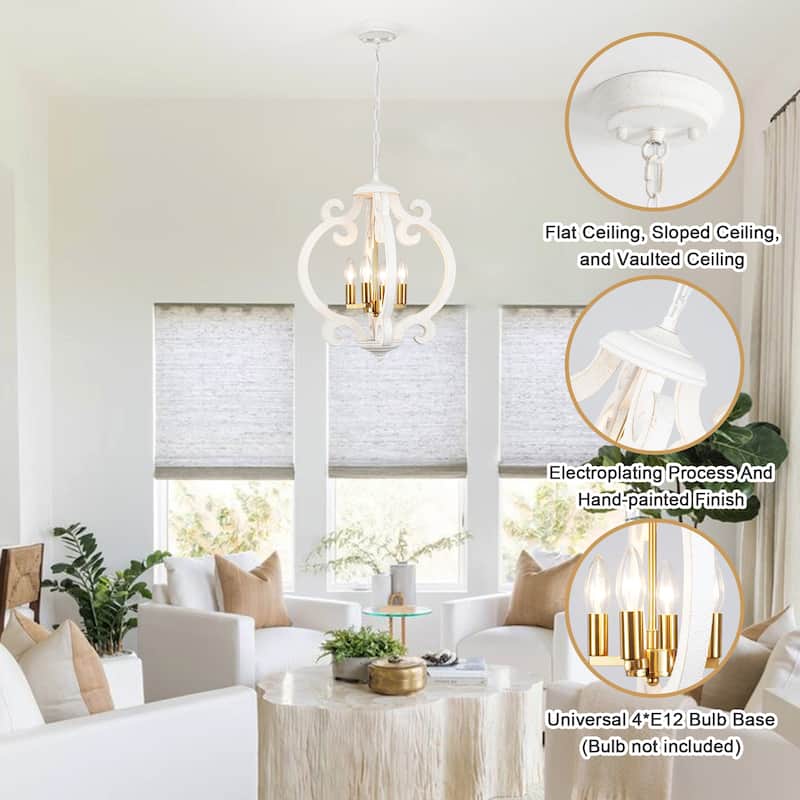4-Light Antique Wood French Country Chandelier Vintage Pendant for Dining Room