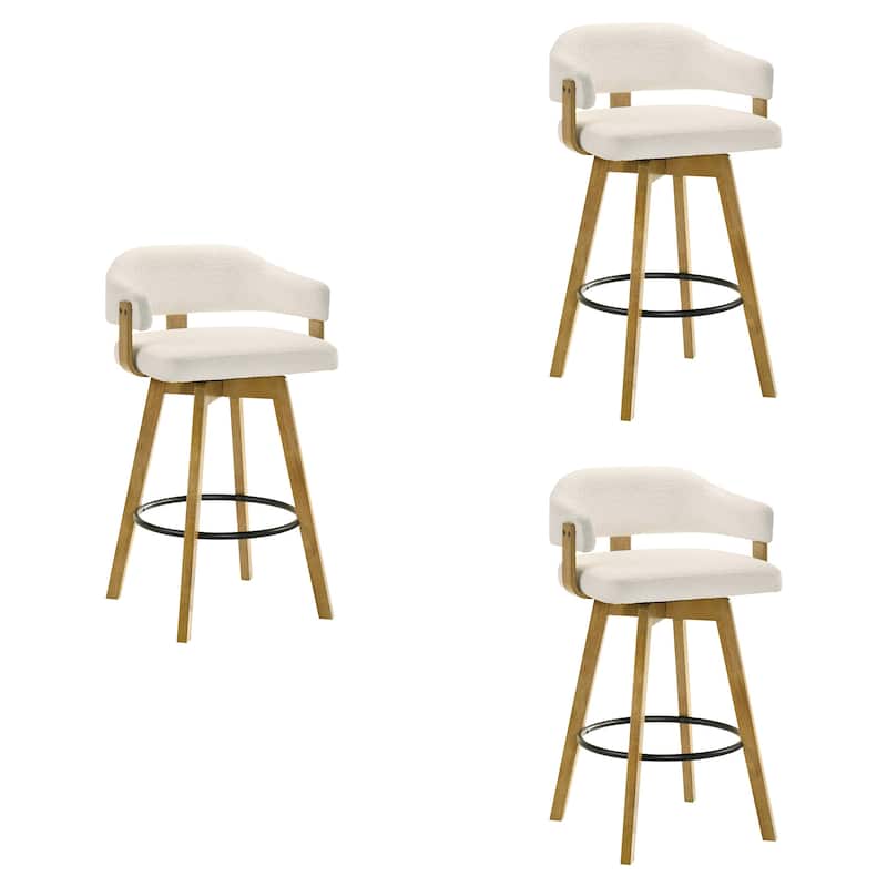 Callah White Boucle Bar Stool, Upholstered Counter Stool with Solid Wood Legs - Set of 3 - Bar Height