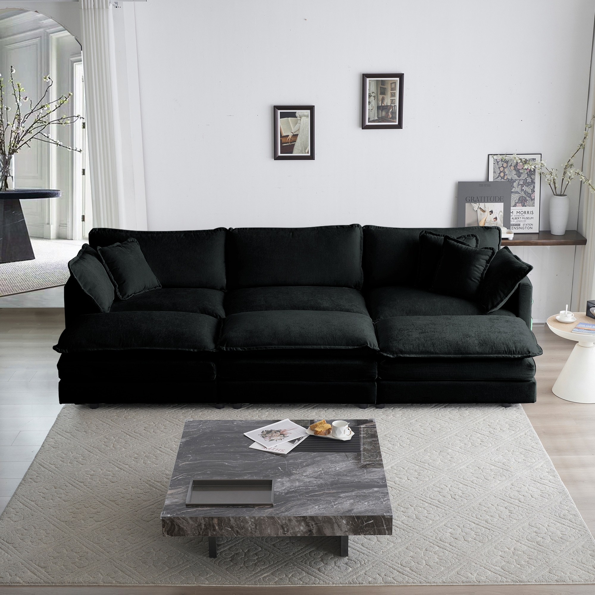 3-Seat Modular Sofa,Oversize Deep Seat Sectional Couch with 3 Ottomans,Black
