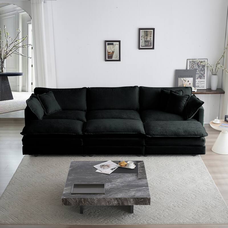 GDFStudio - Orinthia Chenille 3 Seater Sofa with 3 Ottomans with Toss and Arm Pillows