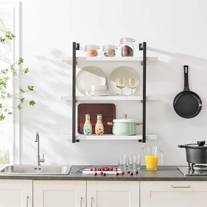 Danya B. Modern 3-Tier Hanging Bracket Wall Shelves in Black Metal and White Birch Finish - White Birch