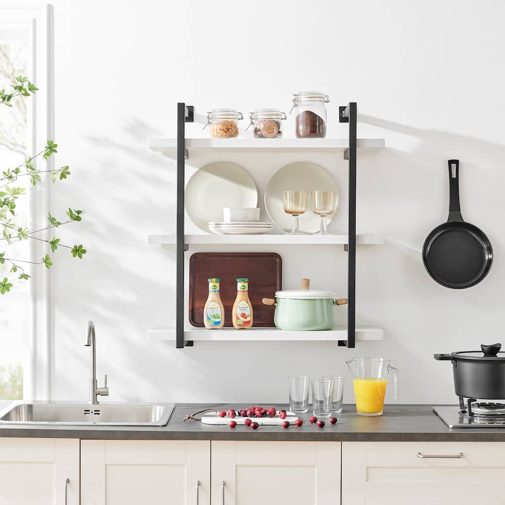 Danya B. Modern 3-Tier Hanging Bracket Wall Shelves in Black Metal and White Birch Finish