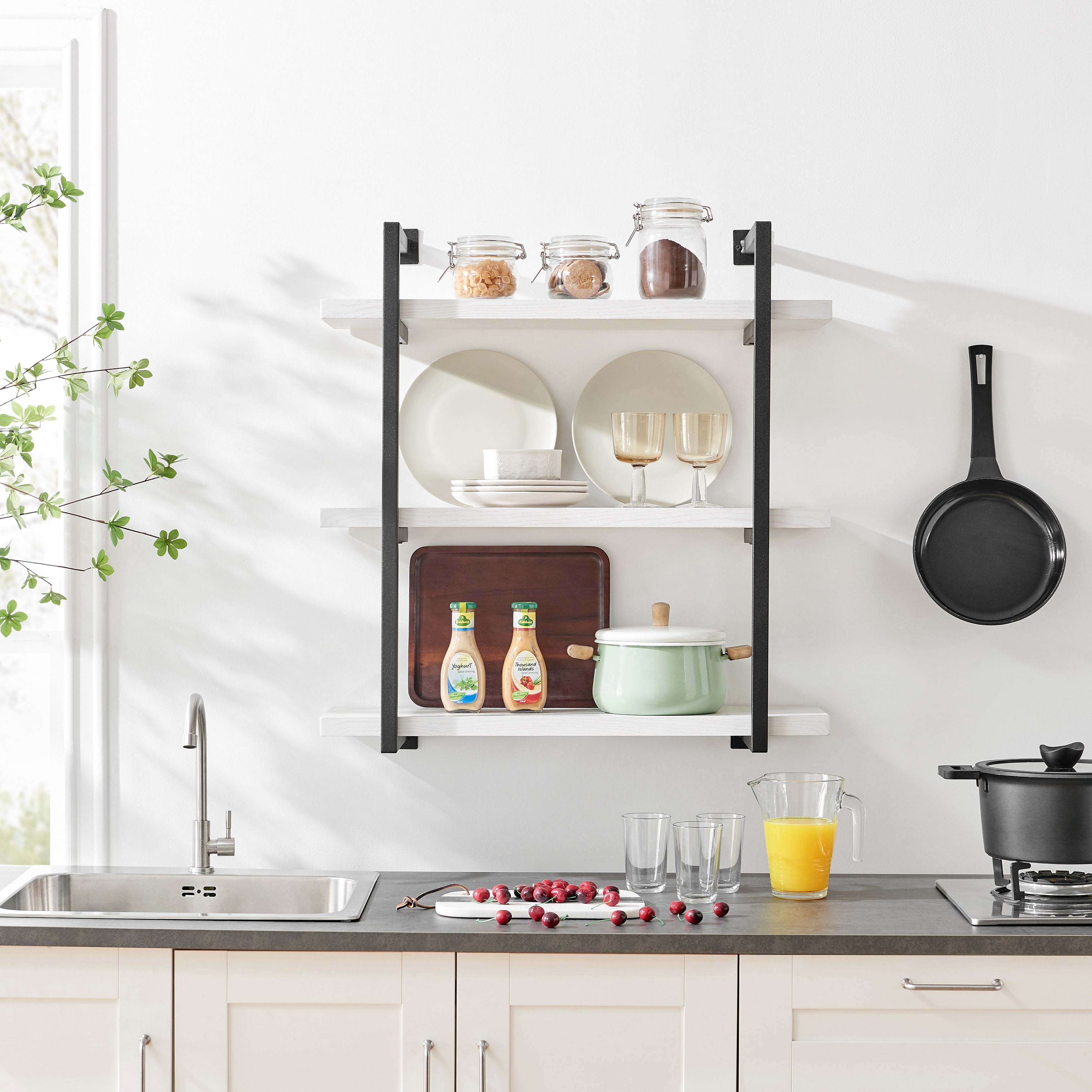 Danya B. Modern 3-Tier Hanging Bracket Wall Shelves in Black Metal and White Birch Finish