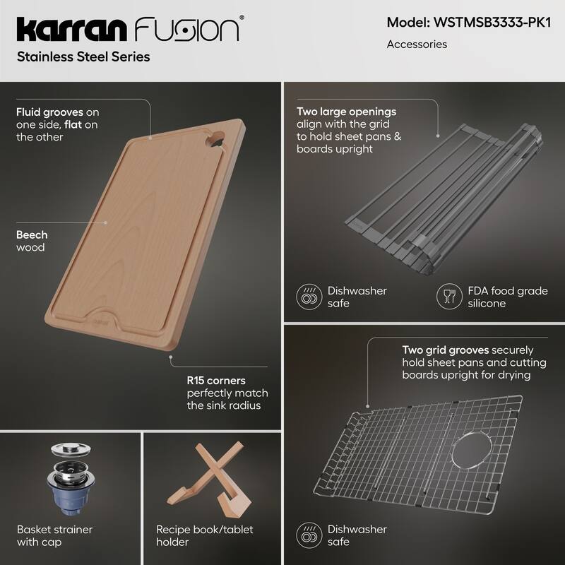 Karran USA WSTMSB3333-PK1 Fusion 33" Drop In Single Basin Stainless