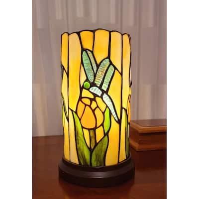 Tiffany Style Accent Lamp 10" Tall Stained Glass White Dragonfly Nightstand Bedside Bedroom Gift Amora Lighting