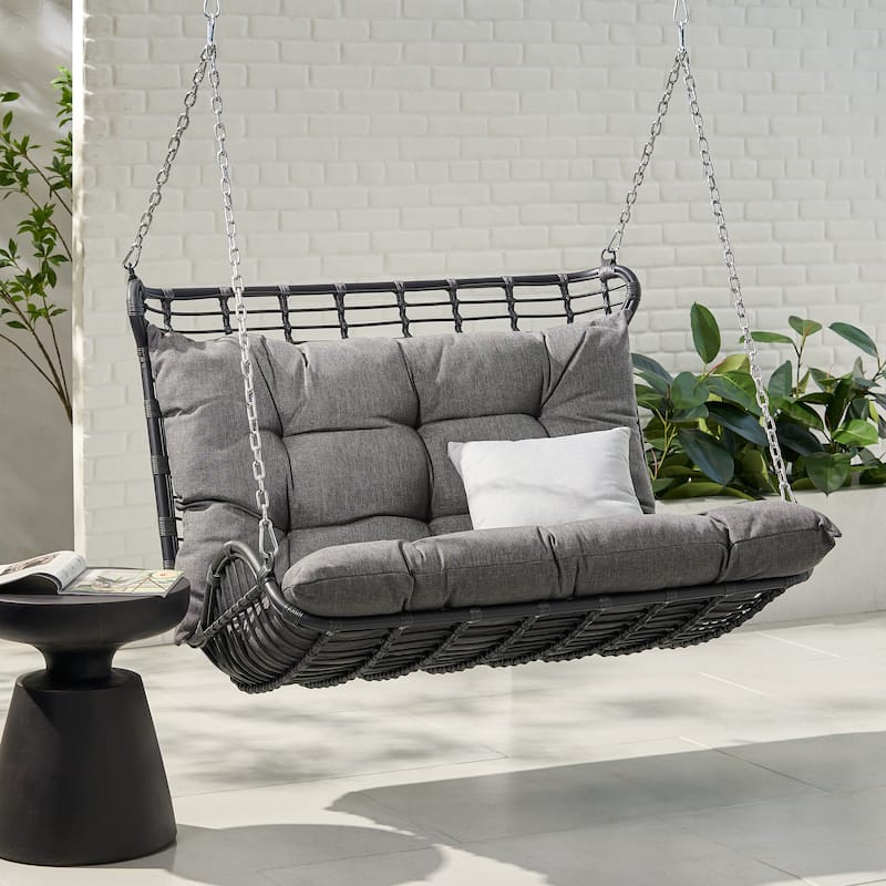 Arruda Outdoor Outdoor Wicker Porch Swing （ Only Swing ）with Cushions by Christopher Knight Home - 400 lb limit - Gray/ Black/ Dark Gray