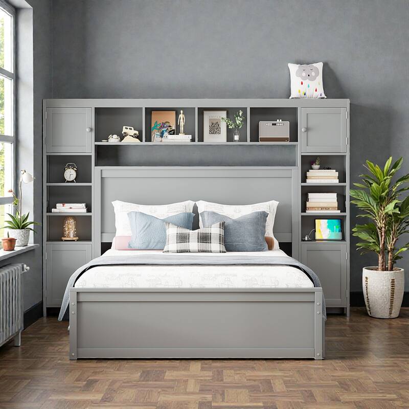 Wooden Platform Bed with Storage Headboard, Drawers, Twin Trundle and Built-In Outlets
