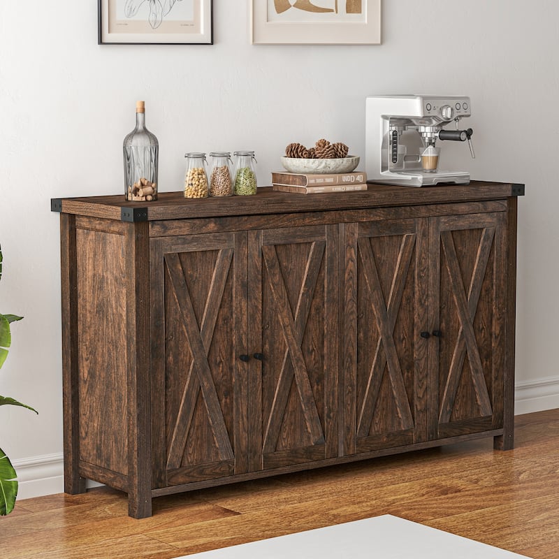 Moasis 55-inch Farmhouse Four-Door Buffet Cabinet Storage Kitchen Sideboard Buffet Table - Brown