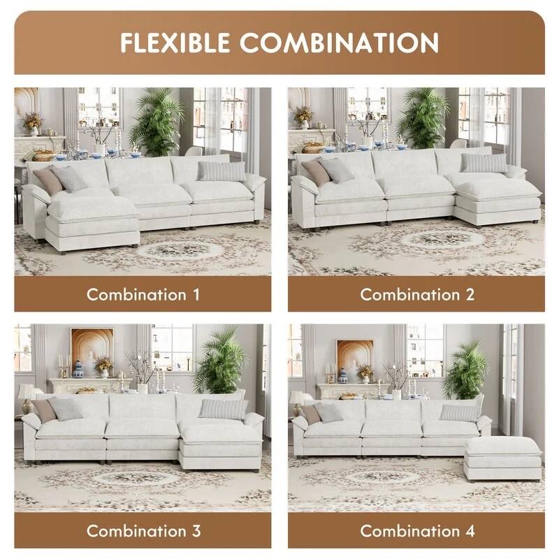Furniwell 3-Seat Sectional Sofa with Ottoman Sectional Couch with Reversible Toffee Chair Convertible Sofa
