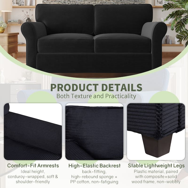 2-Seater Sofa Couch Loveseat for Living Room Bedroom, Black Sleeper Sofa Couch with Armrests and Wood Frame