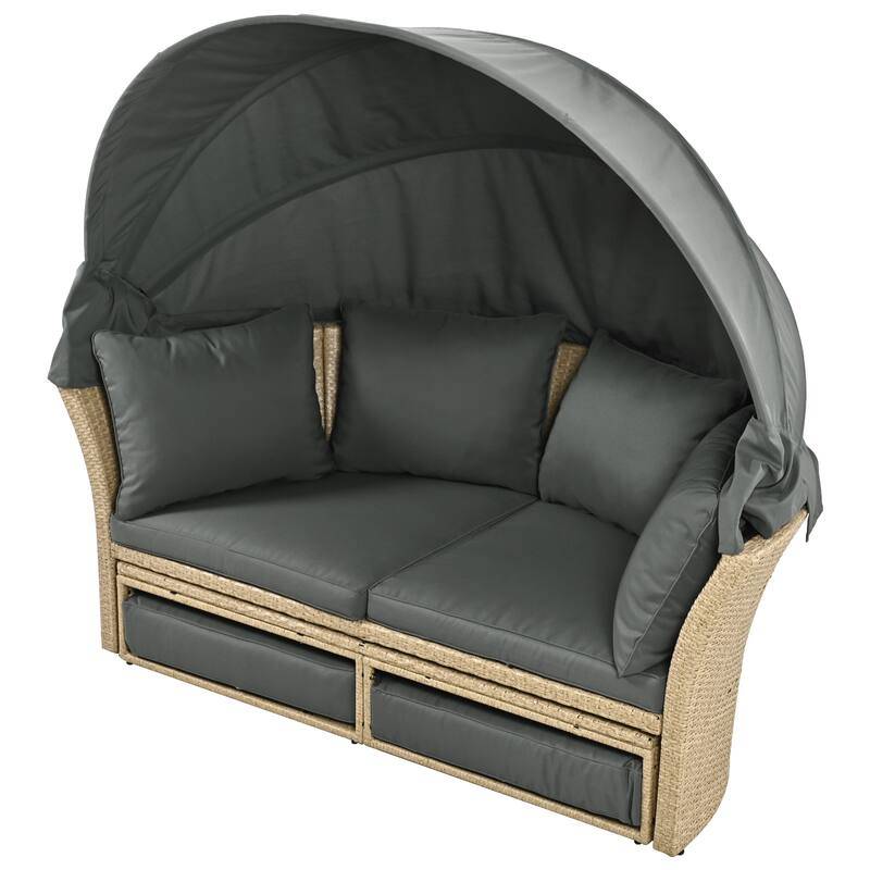 Wicker Rattan Daybed Round Sofa Set with Retractable Canopy and 4 Pillows, Convertible Sofa Bed with 2 Ottoman Chaise Lounge