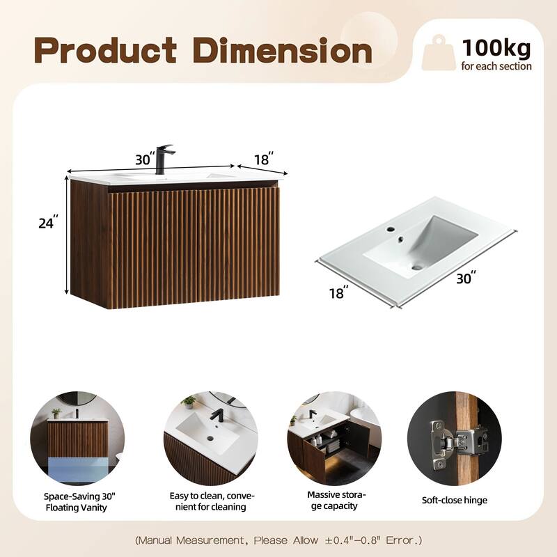 30 Inch Folding Wall Cabinet with Ceramic Sink, Patented 1-Minute Install, Space-Saving Modern Bathroom Cabinet