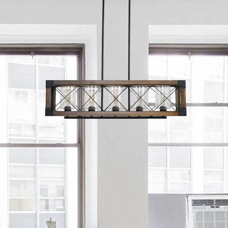 Farmhouse Wood 5-light Linear Chandelier Wire Mesh Cage Island Lights