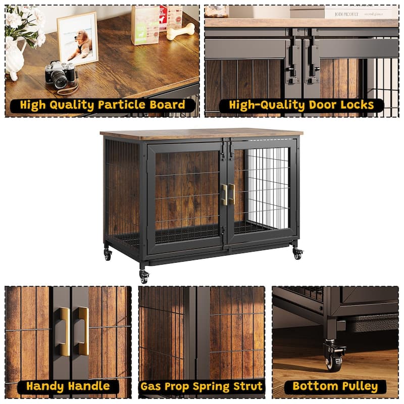 Wooden Dog Crate Furniture with Wheels, Pull-Out Tray, Dual Doors