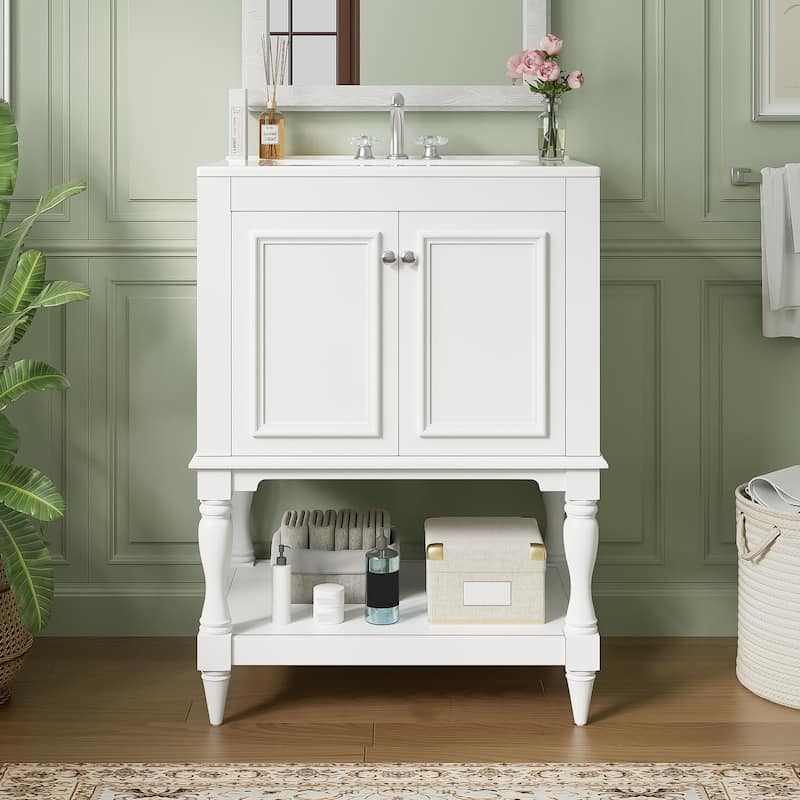 24" Modern Luxury Bathroom Vanity with Ceramic Sink, Compact Cabinet with Open Shelf & Closed Storage - White