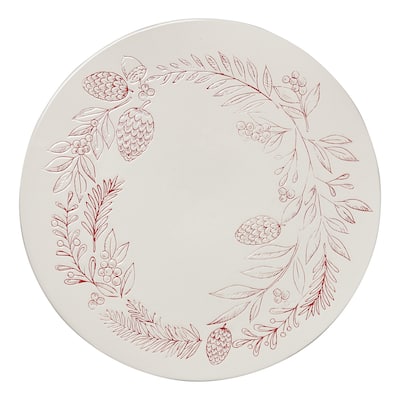 Tis Season Floral with Pinecones Wreath Themed Earthenware Cake Plate, 14 in.