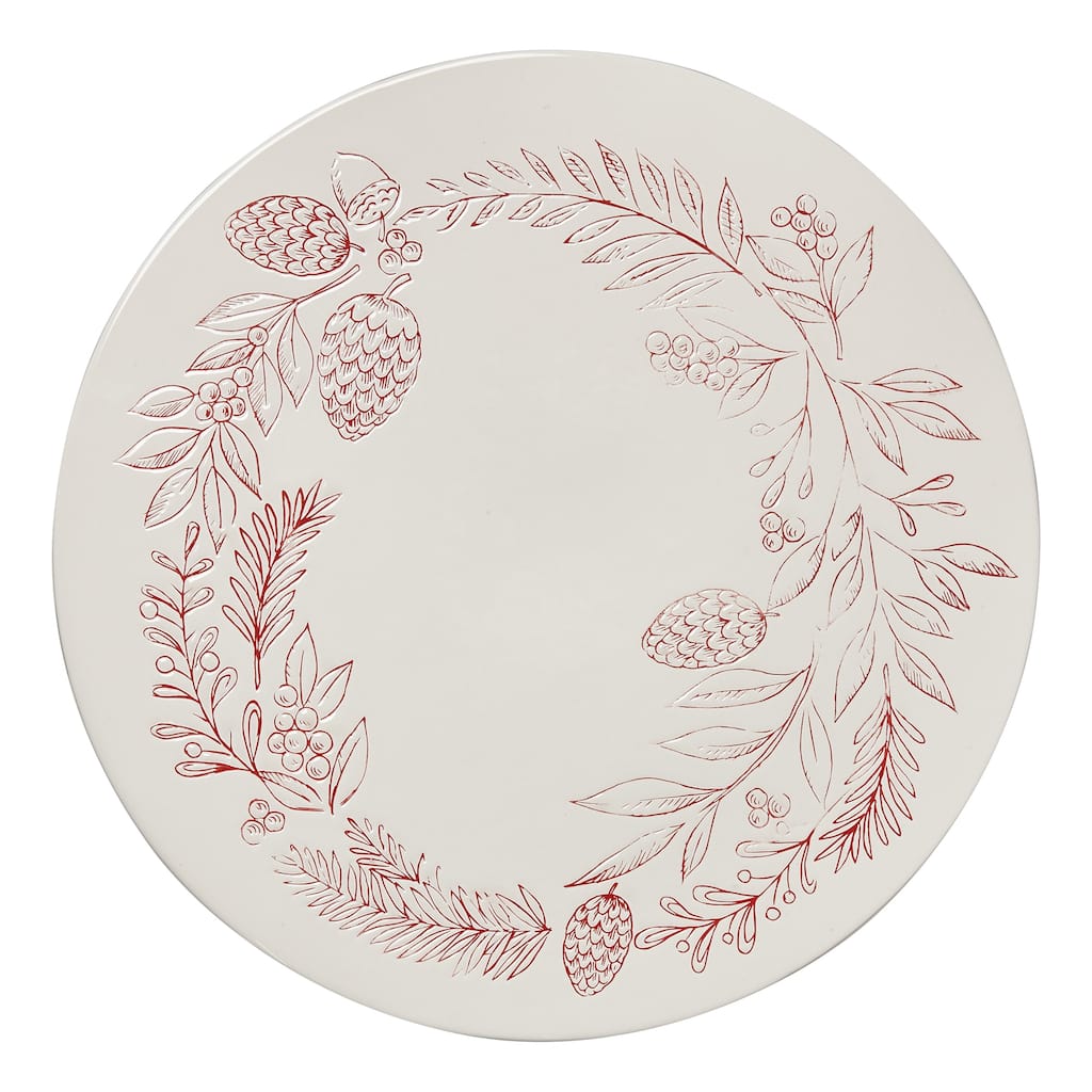 Tis Season Floral with Pinecones Wreath Themed Earthenware Cake Plate 14 in.