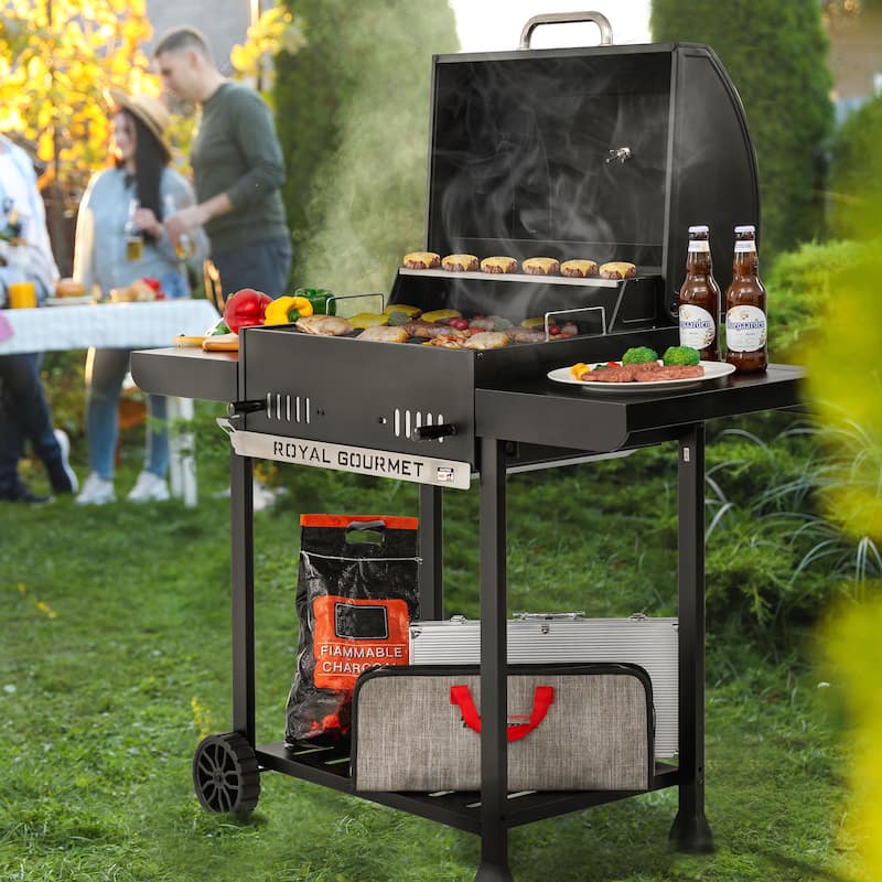 Royal Gourmet 24-Inch Movable Charcoal BBQ Grill with 2 Foldable Side Shelves, 2-Level Height-adjustable Charcoal Pan - Black