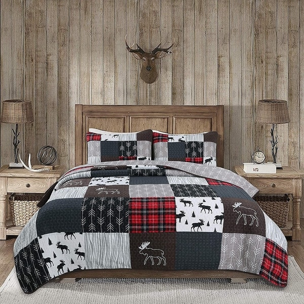 Rustic Lodge Moose Red Real Patchwork Reversible Quilt Bedding Set - On ...