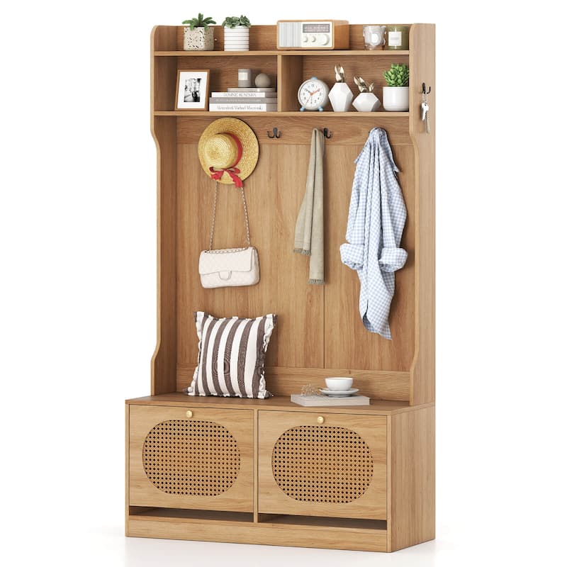 Costway 4-In-1 Hall Tree Entryway Bench with Coat Rack & Flip Drawers - See Details - Natural