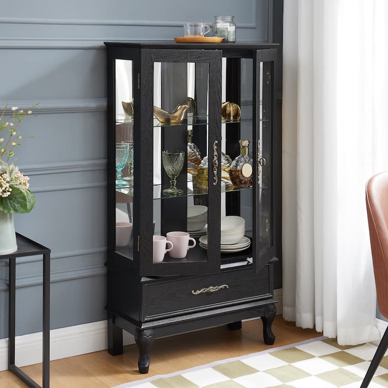 Black LED-Lit Curio Cabinet - Glass Door Display Case With Adjustable Shelves & Storage Drawer‌