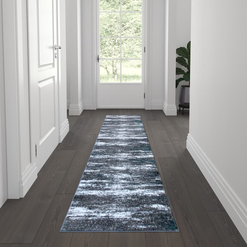 Distressed Motif Indoor Jute Back Olefin Area Rug - 2' x 7' - Turquoise