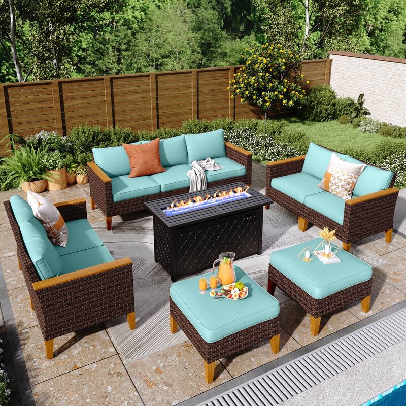 8-Piece Patio Outdoor Wicker Sectional Sofa Set, Large Seating Furniture Conversation Sets with Fire Pit Table