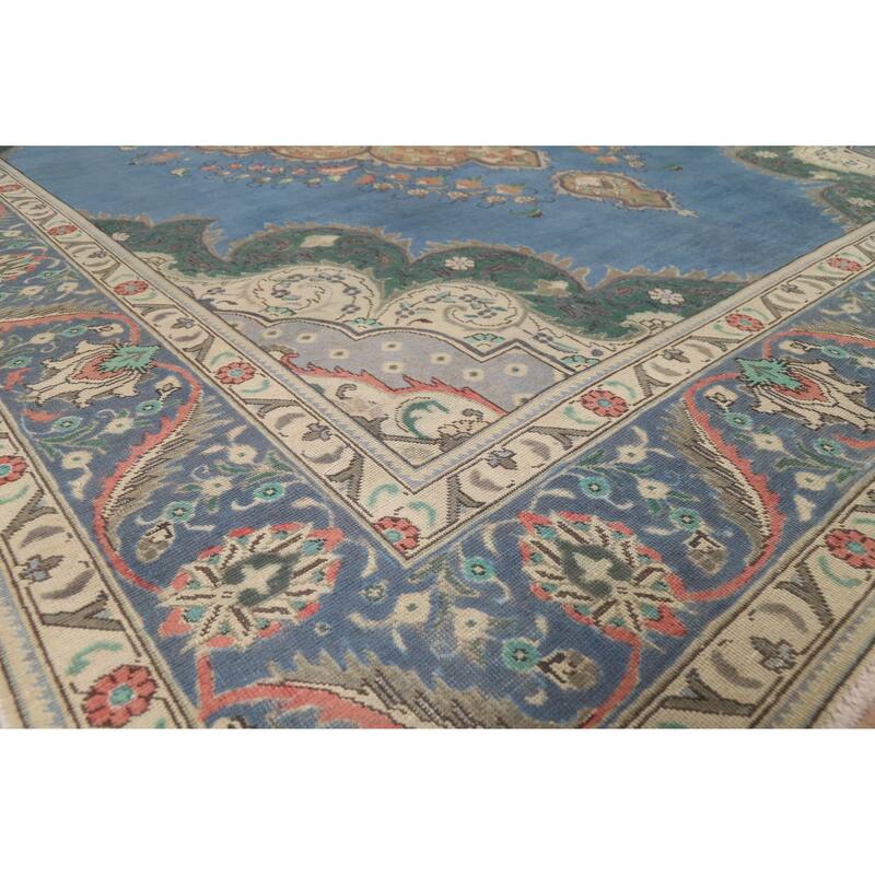 Blue Tabriz Persian Vintage Rug Handmade Wool Carpet - 9'7" x 13'0"
