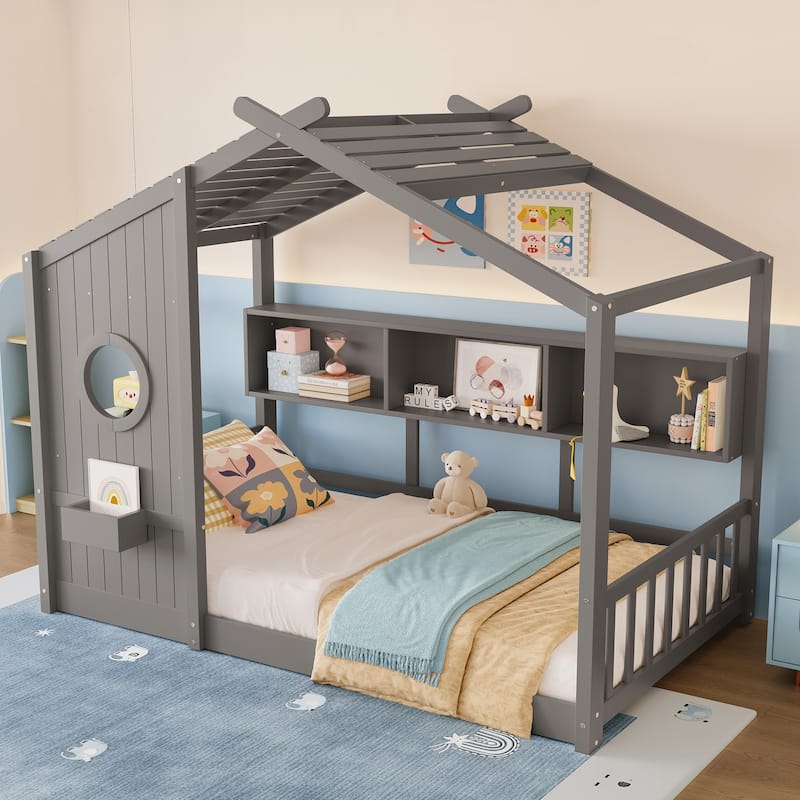 Twin Size Floor House Bed for Toddler, Kids Montessori Bed with Storage Shelf, Playhouse Bed with Roof Design - Grey