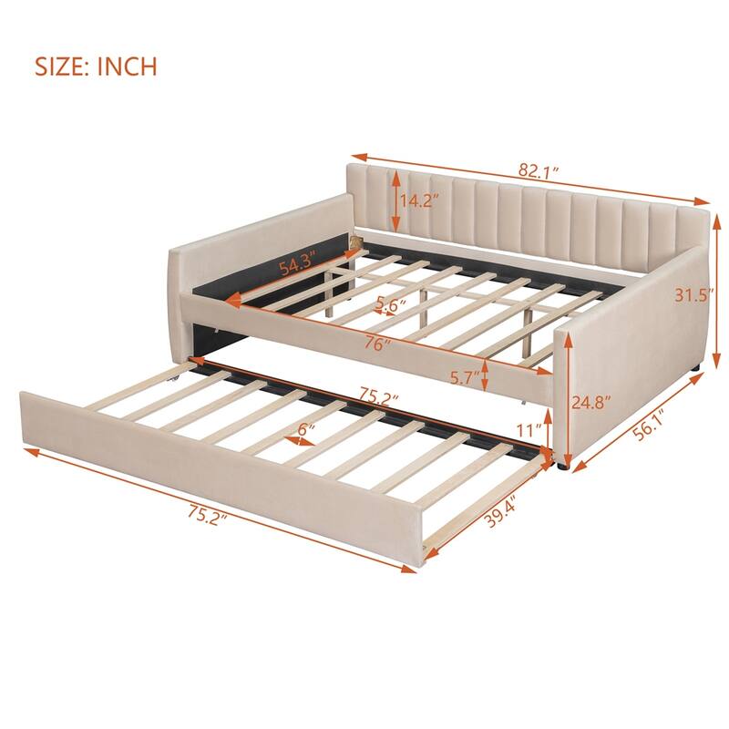 Full Size Upholstered daybed with Trundle and Wood Slat Support - Beige