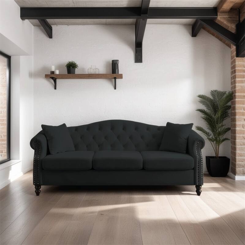 79" Velvet 3 Seater Sofa with Rolled Arms and Two Pillows