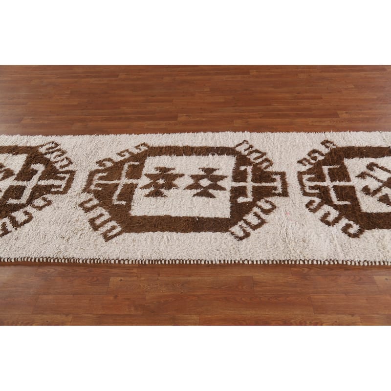 Natural Dye Anatolian Runner Rug Handmade Beige Turkish Wool Carpet - 3'2"x 11'4"