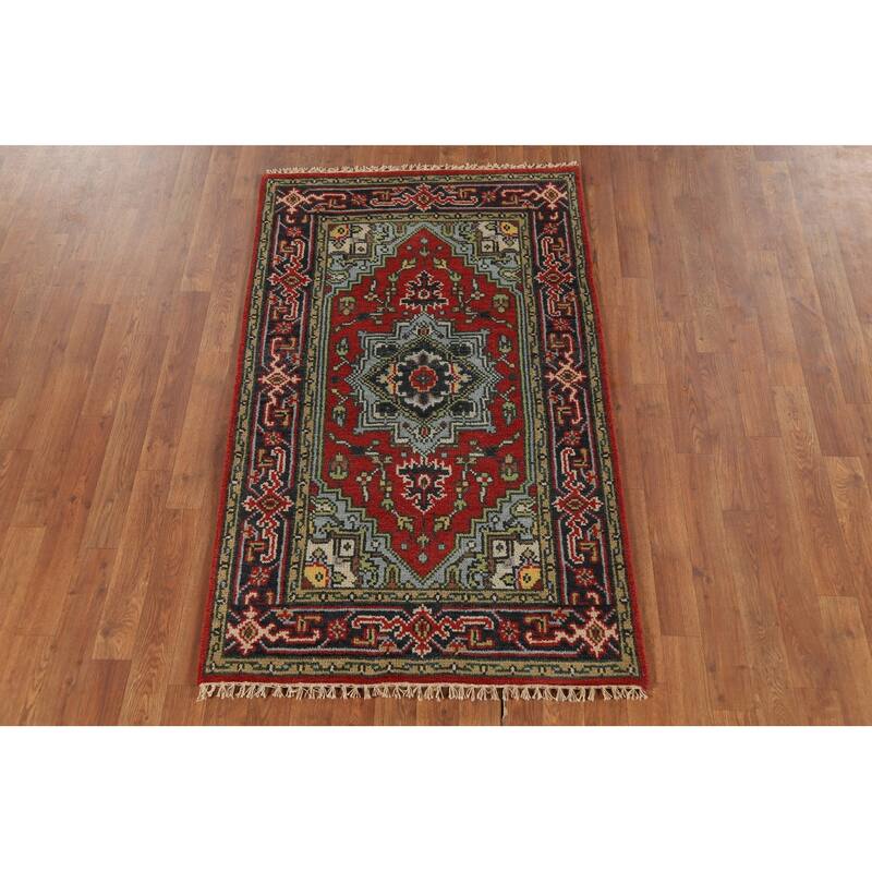Geometric Heriz Serapi Indian Accent Rug Hand-Knotted Wool Carpet - 3'0"x 4'11"