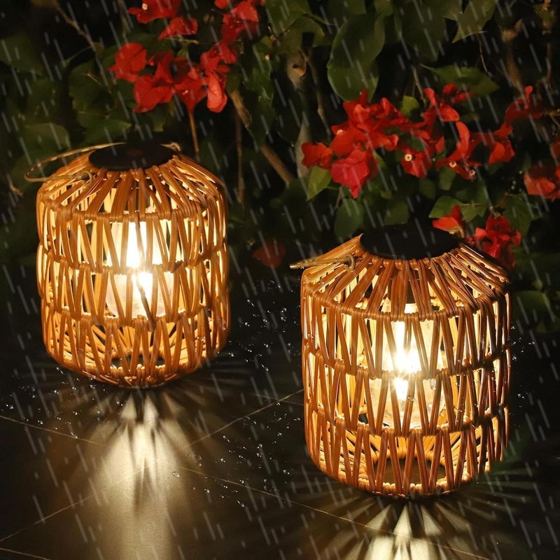 2-Pack Outdoor Solar Lanterns - Waterproof Rattan Hanging Lights