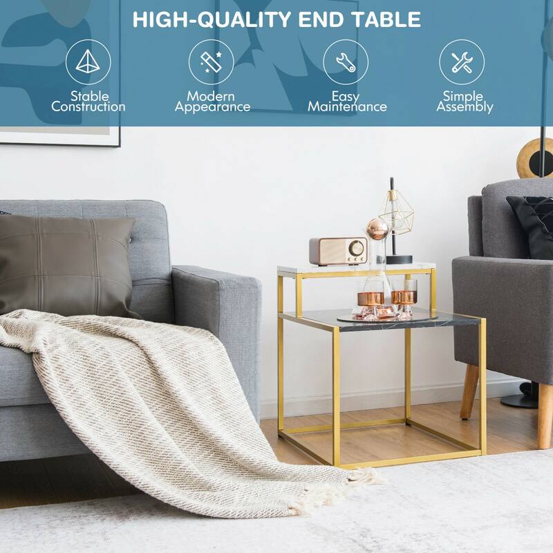 Gymax 2 Tier End Side Table Metal Frame Nightstand with Storage Shelf