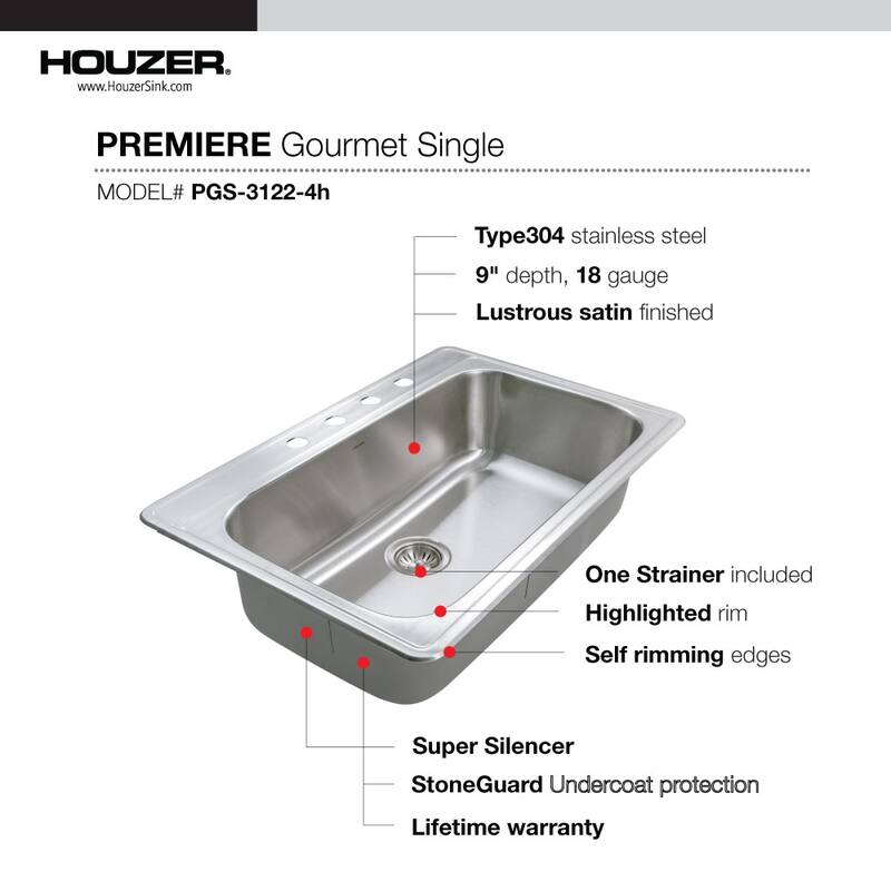 Houzer PGS-3122-4-C Premier 33" Drop In Single Basin Stainless Steel