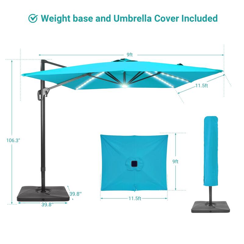 BONOSUKI 11.5x9FT LED Cantilever Patio Umbrella 360 Rotation w/Base