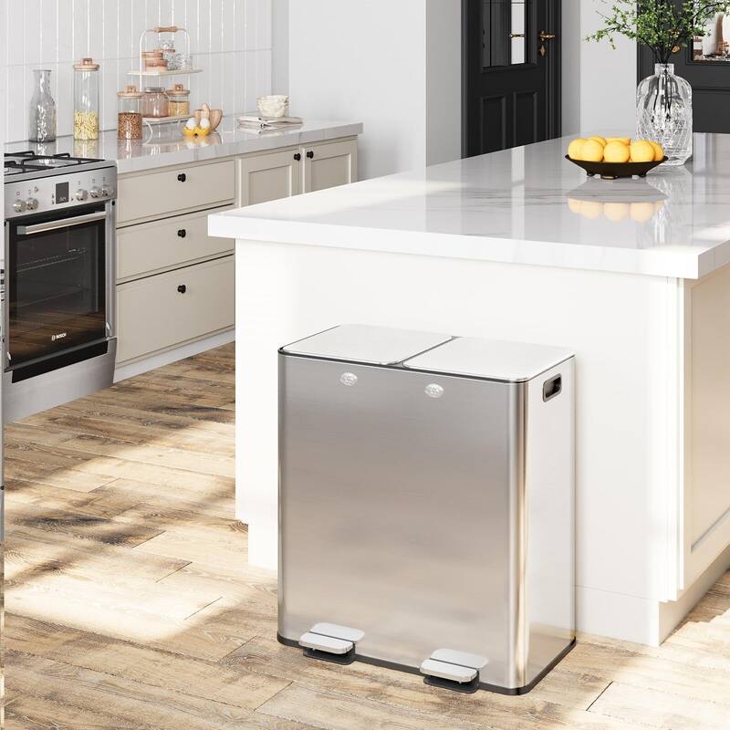 Large Dual Trash Can 2 x 8 Gallons- 60 Liters Stainless Steel Kitchen Double Trash Can