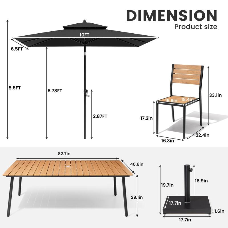 11-Piece Patio Dining Set Aluminum Table and 8 Stackable Chairs w/10 ft Umbrella and Base Stand