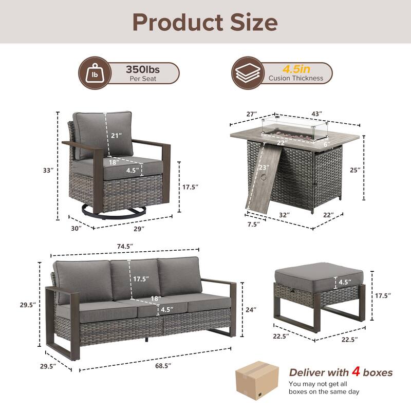 Meyreso Wicker Outdoor Patio Fire Pit Set with Swivel Gliders & 4.5" Olefin Cushions