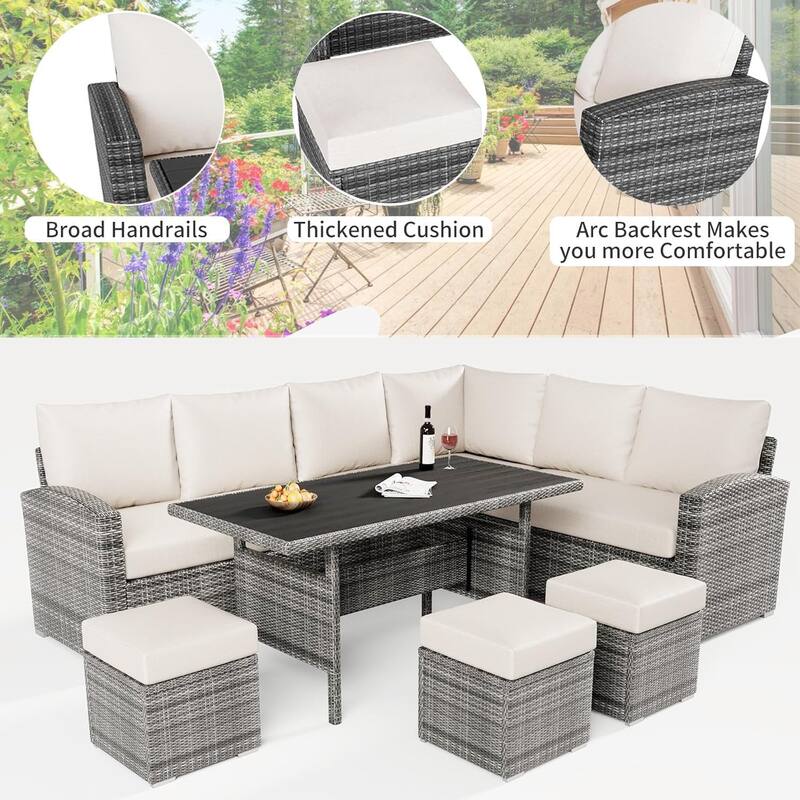 7-Piece Outdoor Patio Sectional Sofa Set with Dining Table – All-Weather PE Wicker Conversation Set
