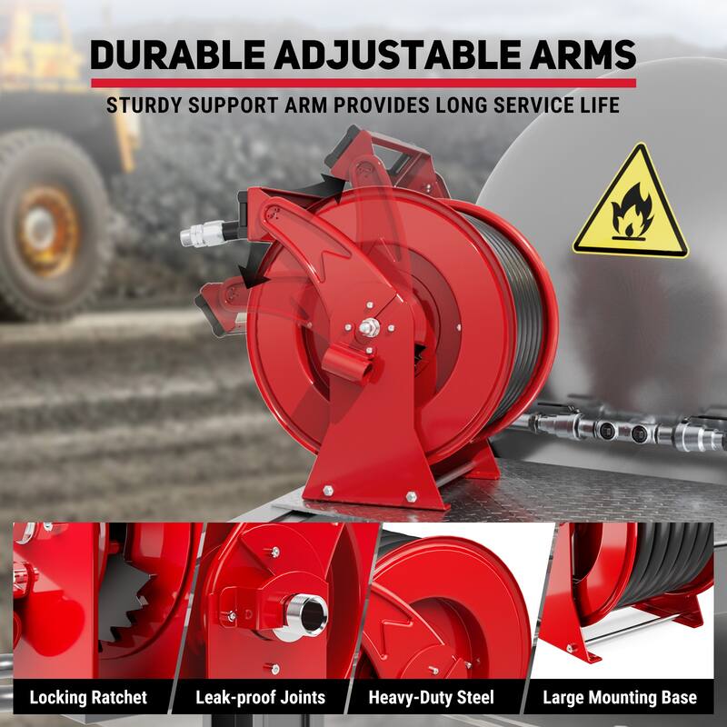 1“ x 50ft Diesel Fuel Hose Reel Retractable with Fuel Nozzle, 1 Inch Fuel Transfer Pump Hose, Auto Swivel Rewind
